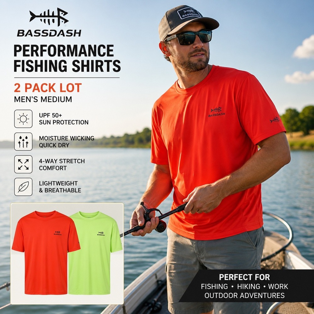 Bassdash Mens 2 Pack Fishing Performance‎ Shirts Neon Green Orange Size M BG1006